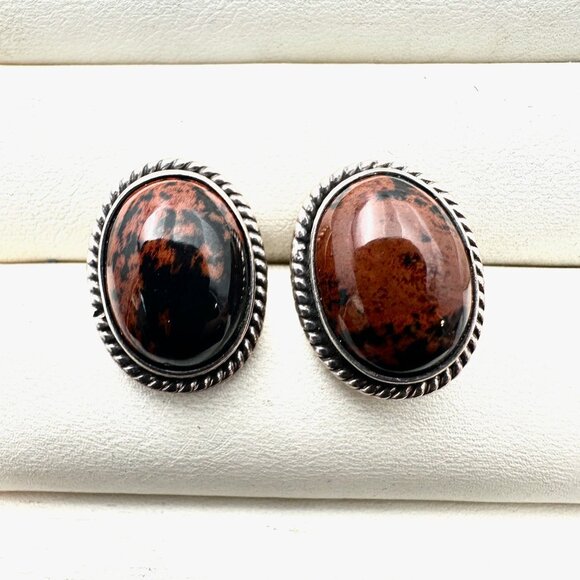 Vintage Taxco Mexico Mohagany Jasper Sterling silver Pierced Earrings 3/4 Inch - Picture 3 of 4